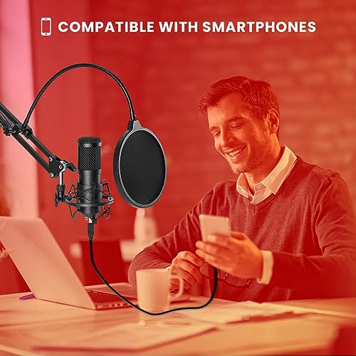 Condenser Microphone Kit for PODCAST, Studio Recording with NB-35 Stand, Shock Mount, Pop Filter & Anti-Wind Foam, Full Condenser Mic Set for, Broadcasting & Gaming