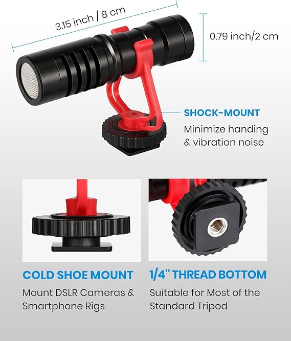MQ-MM1 Universal Cardioid Shotgun Microphone - Camera Microphone for DSLR, iPhone and Android Smartphones - Compatible with Canon EOS, Nikon, and Sony Cameras - with Shock Mount, Deadcat Windscreen