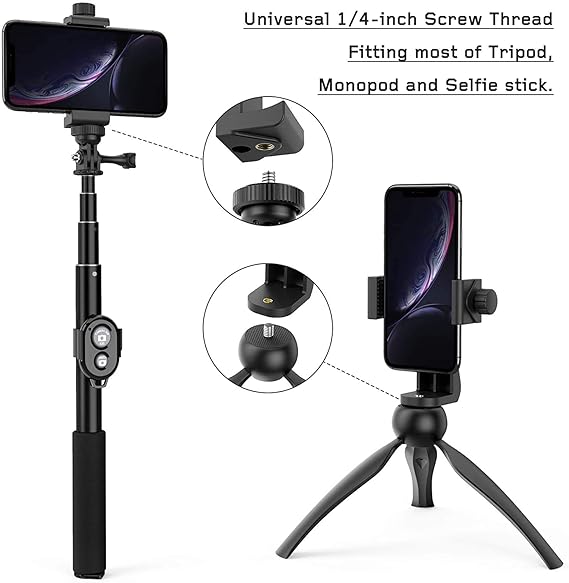 BOXTUDIO Smartphone Tripod Cell Phone Holder Mount Adapter, Fits iPhone, Samsung, and all Phones, Rotates Vertical and Horizontal, Adjustable Clamp HEAVY DUTY