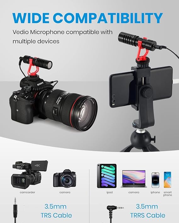 MQ-MM1 Universal Cardioid Shotgun Microphone - Camera Microphone for DSLR, iPhone and Android Smartphones - Compatible with Canon EOS, Nikon, and Sony Cameras - with Shock Mount, Deadcat Windscreen