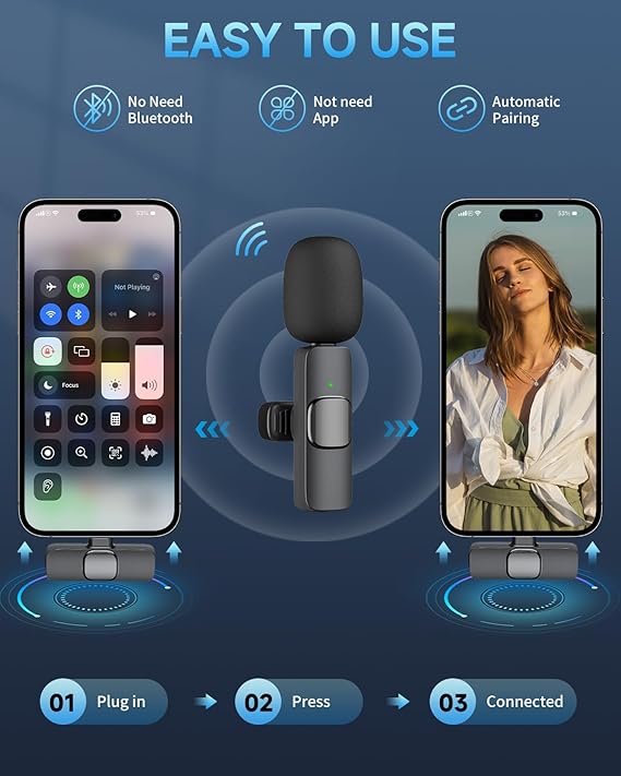 BOXTUDIO Wireless Microphone, Mini Microphone, Microphone for Type-C Phone and iPhone, Wireless Microphones, Wireless Lavalier Microphone, Microphone for Video Recording, YouTube, Vlog, Podcasts