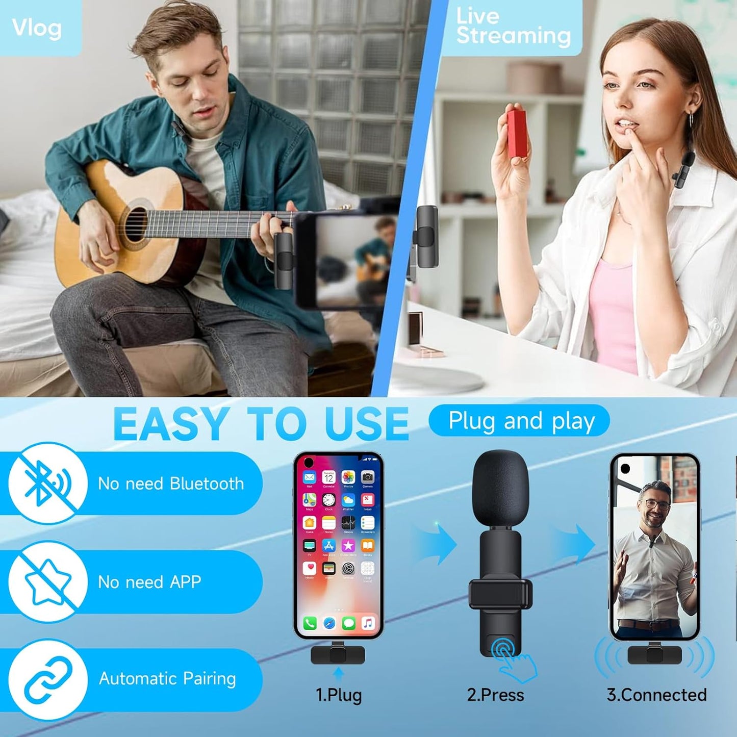 BOXTUDIO Wireless Microphone, Mini Microphone, Microphone for Type-C Phone and iPhone, Wireless Microphones, Wireless Lavalier Microphone, Microphone for Video Recording, YouTube, Vlog, Podcasts