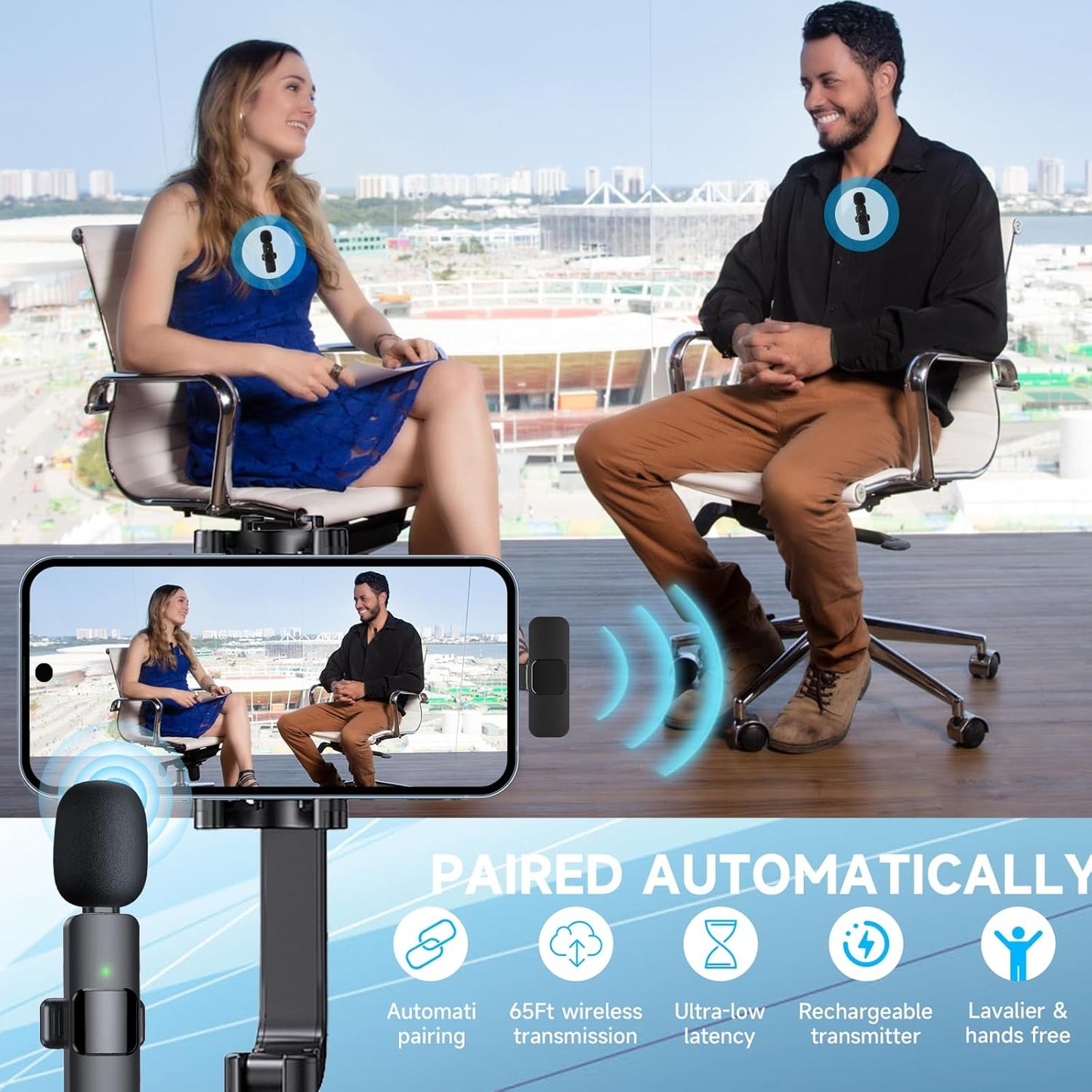 BOXTUDIO Wireless Microphone, Mini Microphone, Microphone for Type-C Phone and iPhone, Wireless Microphones, Wireless Lavalier Microphone, Microphone for Video Recording, YouTube, Vlog, Podcasts