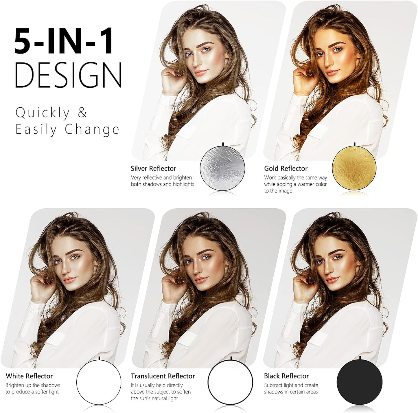 COLLAPSIBLE 5-IN-1 PHOTO LIGHT REFLECTOR 43 INCH (110 CM) PREMIUM QUALITY