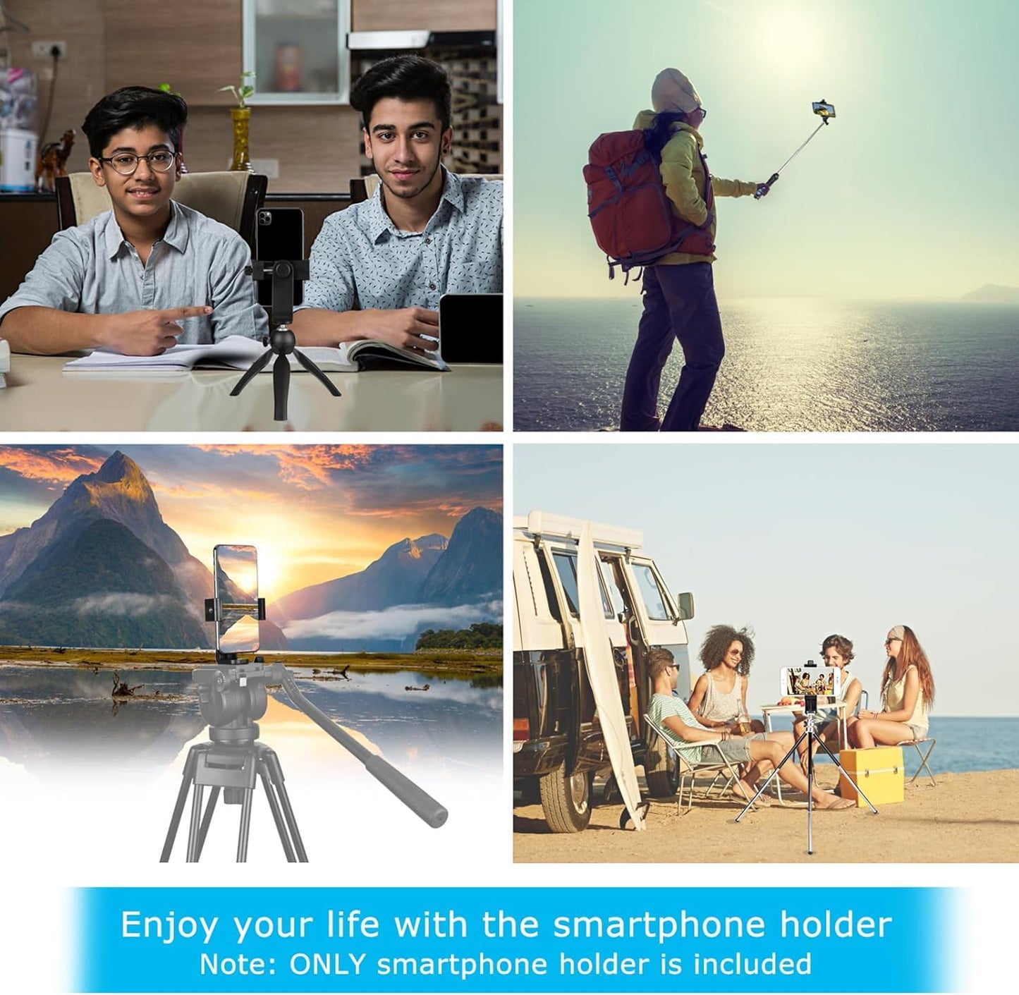 BOXTUDIO Smartphone Tripod Cell Phone Holder Mount Adapter, Fits iPhone, Samsung, and all Phones, Rotates Vertical and Horizontal, Adjustable Clamp HEAVY DUTY
