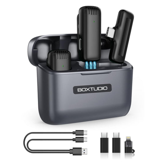 BOXTUDIO B13 Wireless Microphone, Noise Reduction Lapel Mic with Charging Case, Wireless Mic for Video Recording, YouTube, Facebook, Support System for Type C & iPhone (Dual Channel Universal Version)