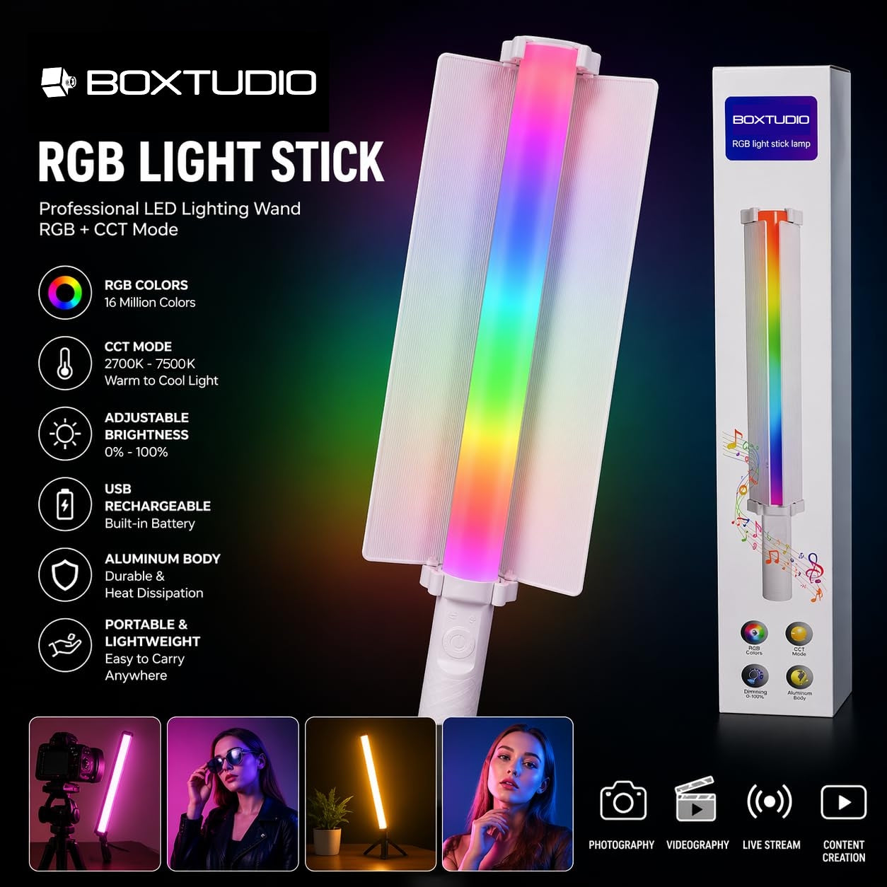 BOXTUDIO RGB Light Stick with BARN DOOR  – Professional LED Lighting Wand with RGB + CCT Modes (RGB Light Stick)
