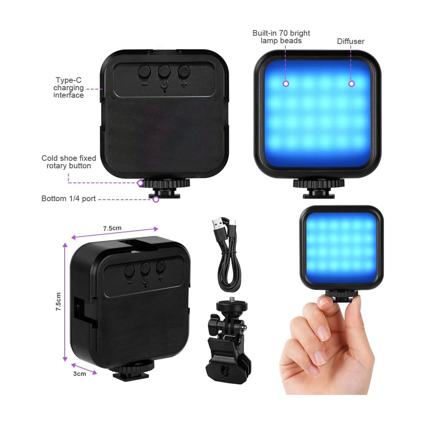 BOXTUDIO RGB Video Light, LED Camera Light 360° Full Color Portable Photography Lighting with 3 Cold Shoe, 1200mAh Rechargeable, Multiple Light Effects, CRI 95+, 3000-9000K Dimmable Panel Lamp