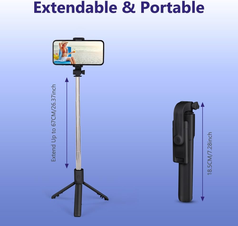 BOXTUDIO B1 Selfie Stick 67 cm/ 26 inch, Extendable Selfie Stick Tripod with Wireless Remote and Tripod Stand, Portable, Lightweight, Compatible with iPhone and Android Phones