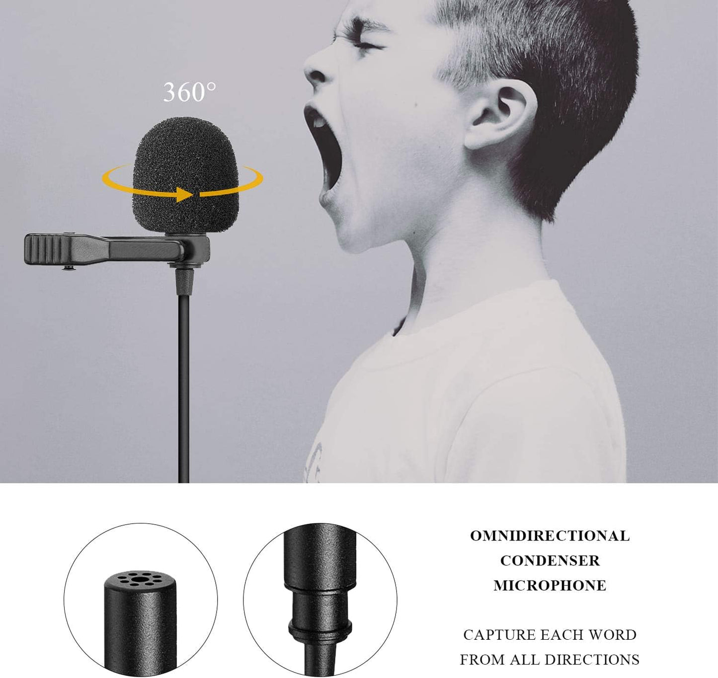 Professional Lavalier Lapel Microphone Omnidirectional Condenser Mic for iPhone Android Smartphone DSLR, Camcorders, Audio Recorders, PC Laptop Recording