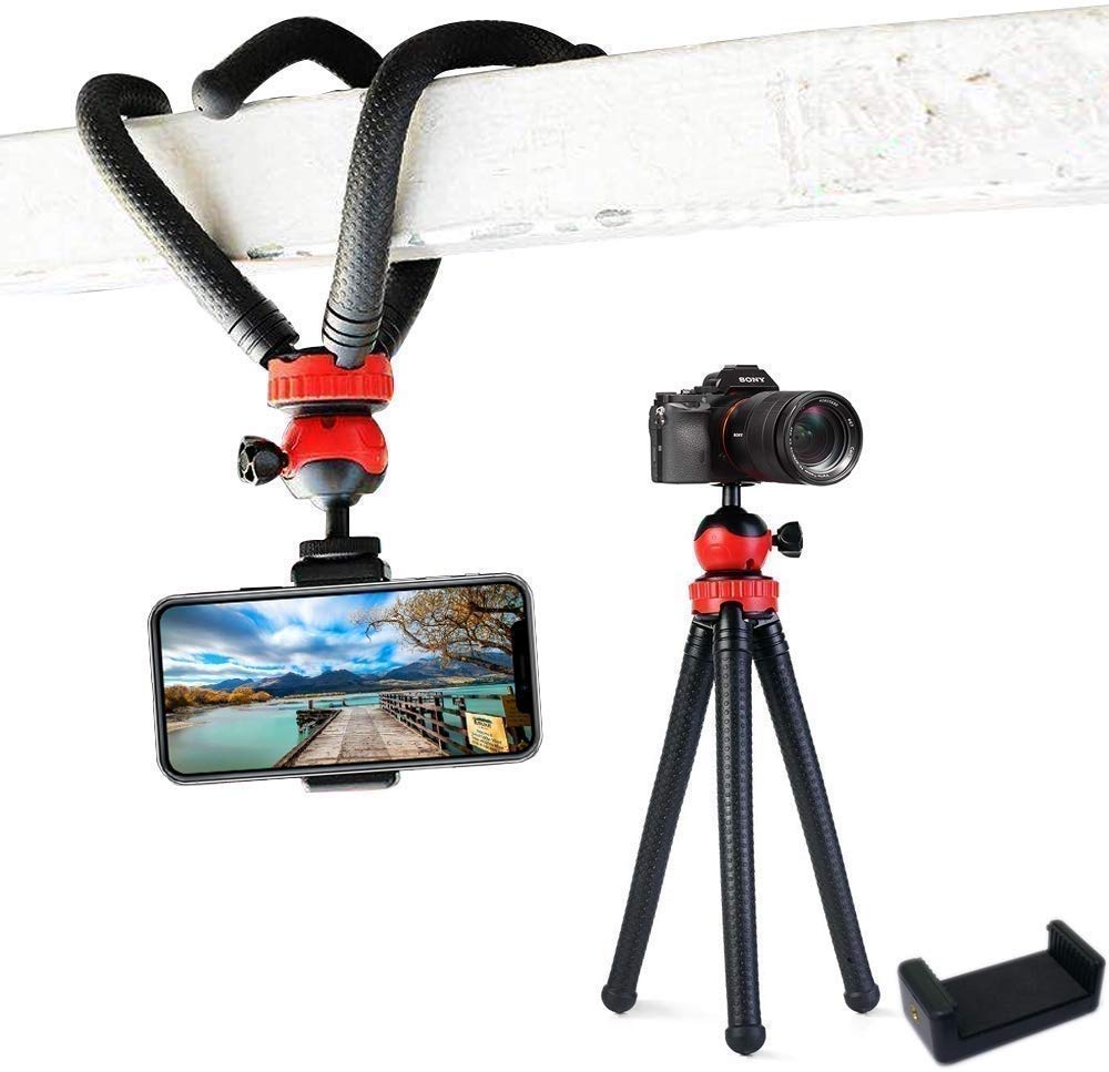 Flexible Gorillapod Tripod with 360° Rotating Ball Head Tripod for All DSLR Cameras(Max Load 1.5 kgs) & Mobile Phones + Free Heavy Duty Mobile Holder(Black) (12 Inch, Black and Red)