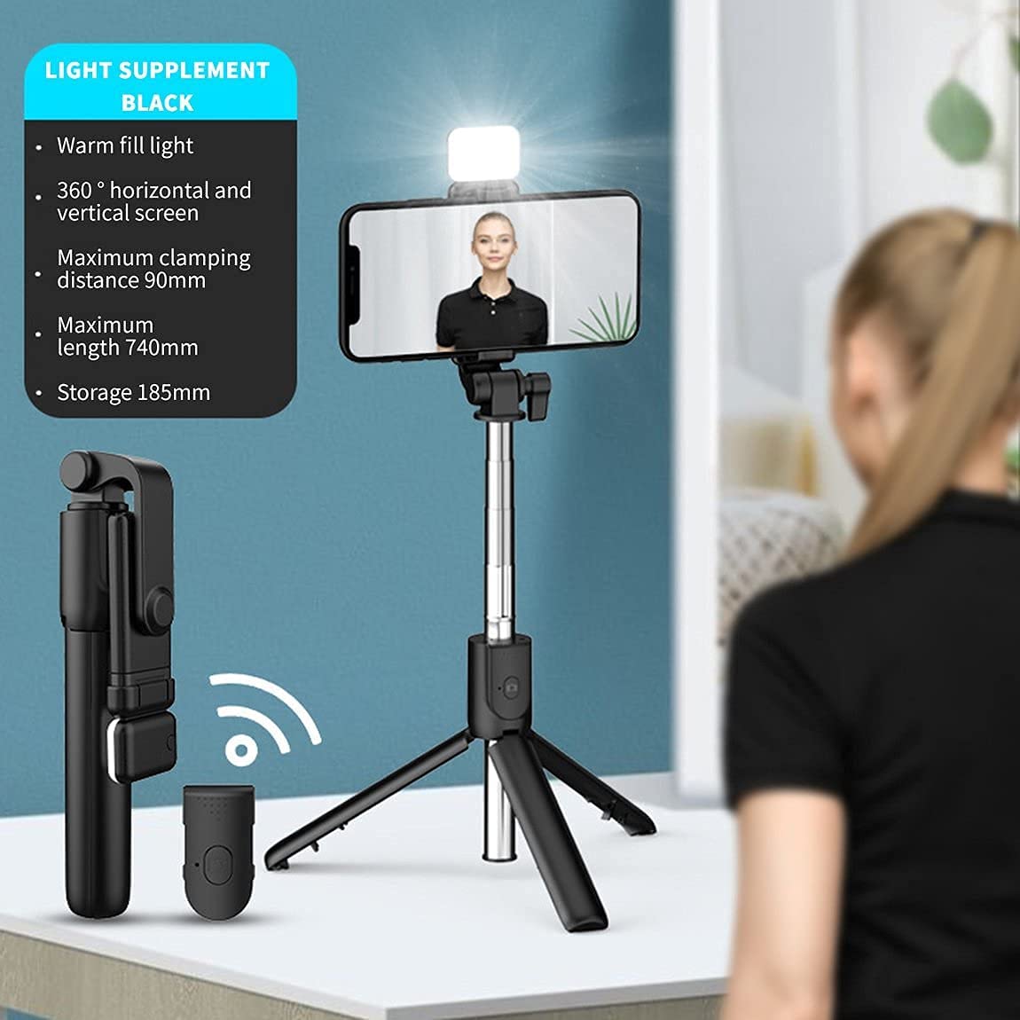 BOXTUDIO B1S Selfie Stick with Tripod Stand 70 cm/27 inch, 3 in 1 Multifunctional design, Rechargable LED Light with Two Brighness Levels for Make up, Selfie, Vlogging & Photo Shoot, Selfie stick with Bluetooth Remote