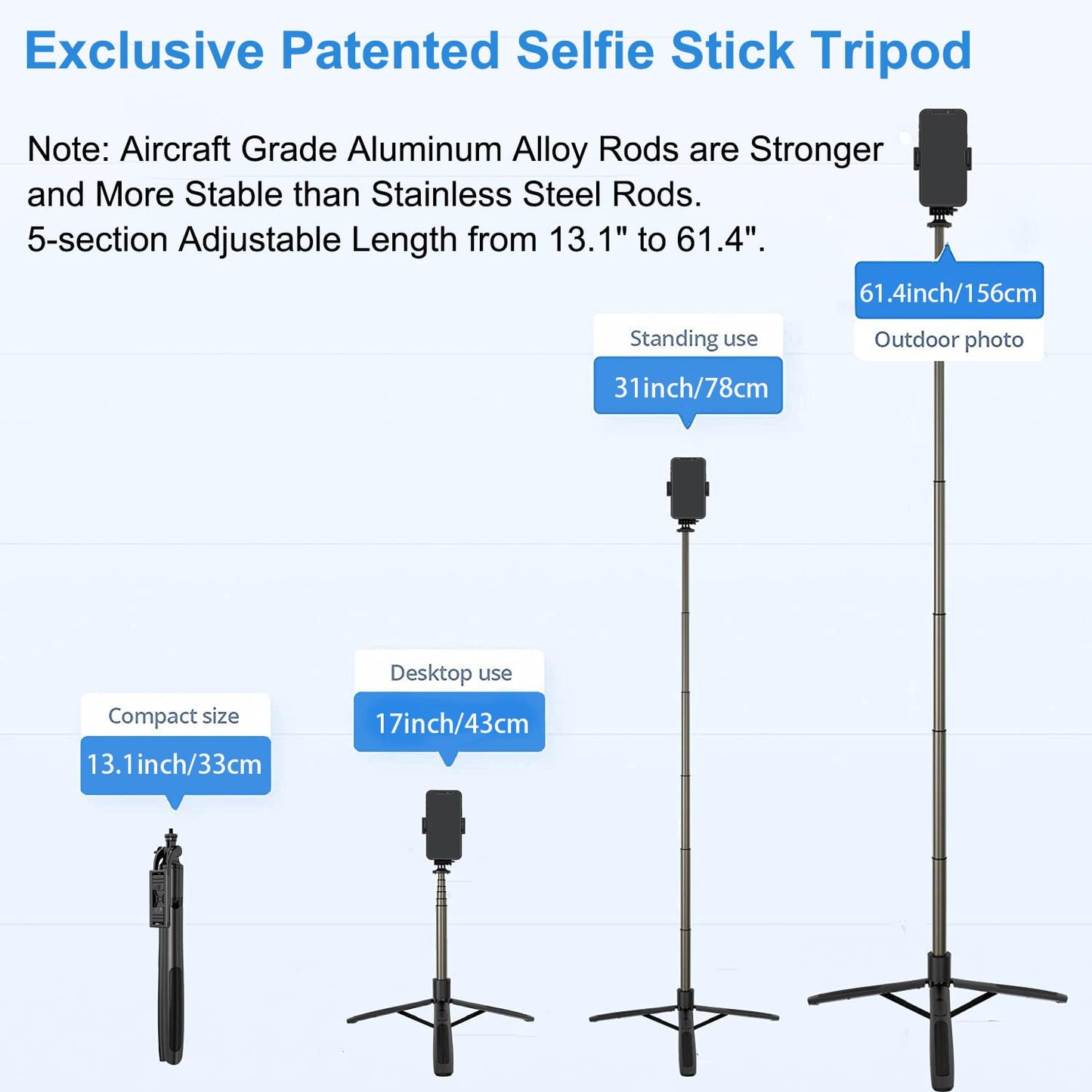 BOXTUDIO B6 Long Selfie Stick with Reinforced Tripod Stand 62 inch/157 cm Multifunctional Camera Tripod for Vlogging Live Stream 1/4" Screw for Mirrorless/Action Camera Ring Light Gopro,Silver