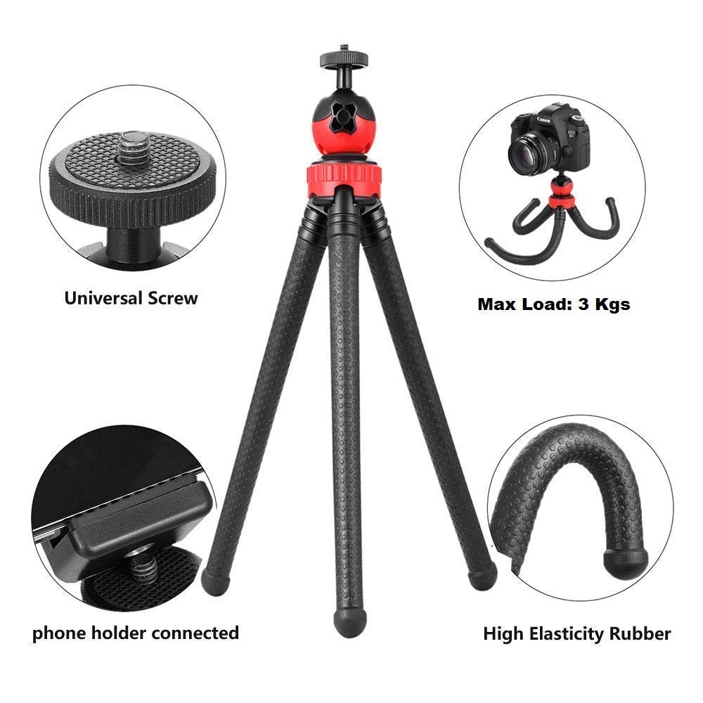 Flexible Gorillapod Tripod with 360° Rotating Ball Head Tripod for All DSLR Cameras(Max Load 1.5 kgs) & Mobile Phones + Free Heavy Duty Mobile Holder(Black) (12 Inch, Black and Red)