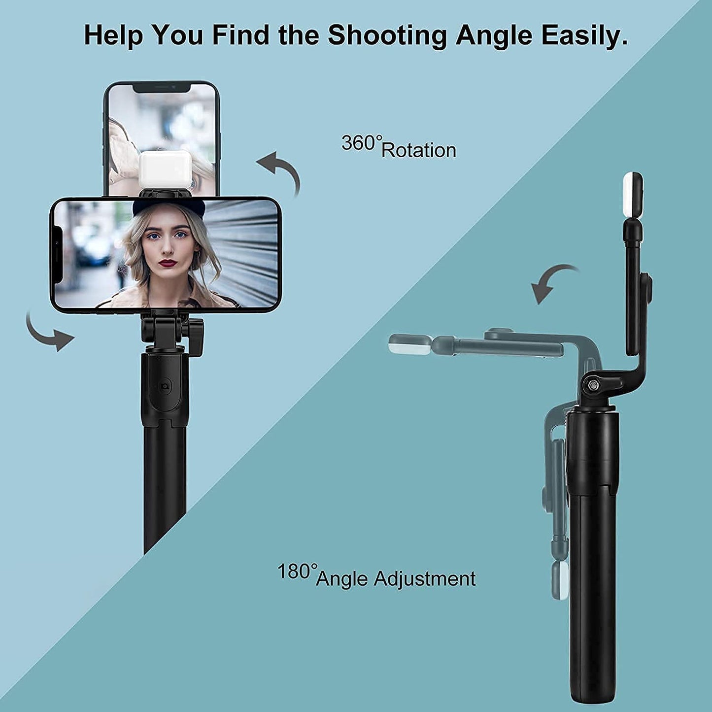 BOXTUDIO B1S Selfie Stick with Tripod Stand 70 cm/27 inch, 3 in 1 Multifunctional design, Rechargable LED Light with Two Brighness Levels for Make up, Selfie, Vlogging & Photo Shoot, Selfie stick with Bluetooth Remote