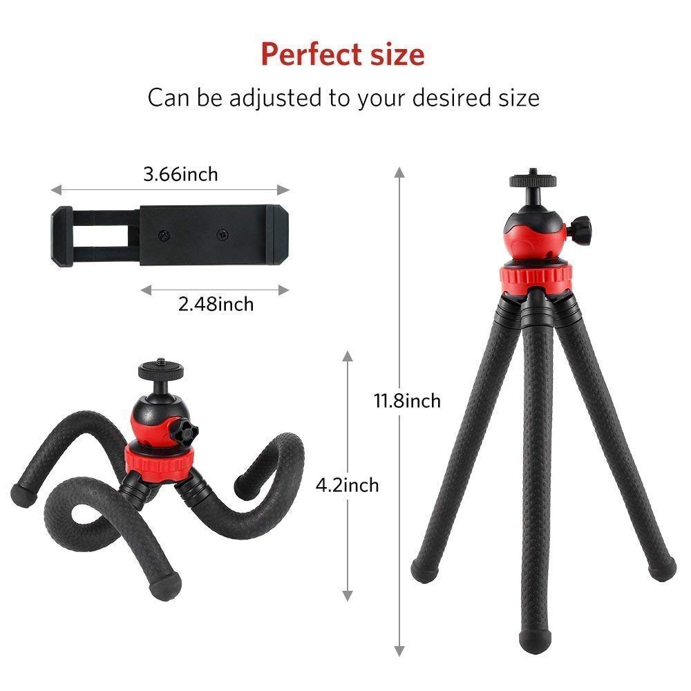 Flexible Gorillapod Tripod with 360° Rotating Ball Head Tripod for All DSLR Cameras(Max Load 1.5 kgs) & Mobile Phones + Free Heavy Duty Mobile Holder(Black) (12 Inch, Black and Red)