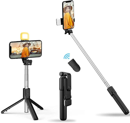 BOXTUDIO B1S Selfie Stick with Tripod Stand 70 cm/27 inch, 3 in 1 Multifunctional design, Rechargable LED Light with Two Brighness Levels for Make up, Selfie, Vlogging & Photo Shoot, Selfie stick with Bluetooth Remote