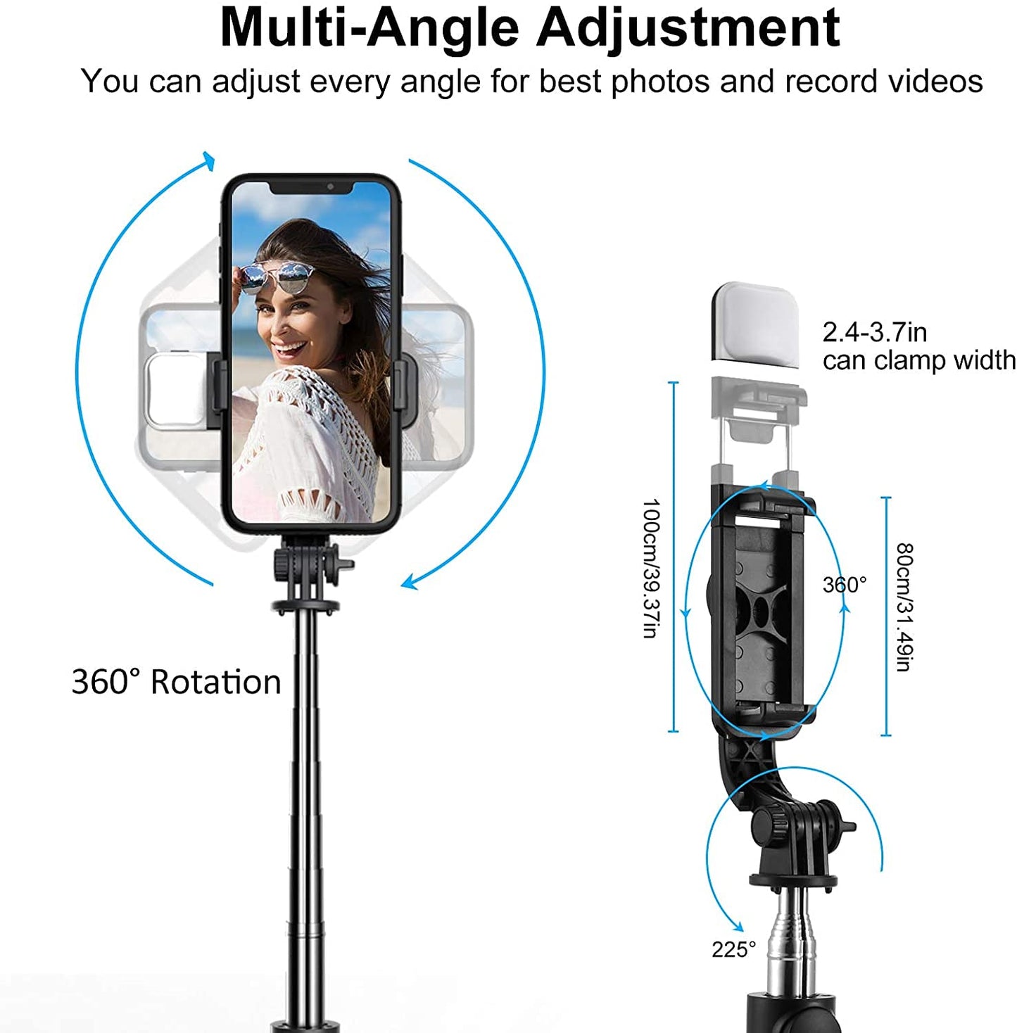 BOXTUDIO B1S Selfie Stick with Tripod Stand 70 cm/27 inch, 3 in 1 Multifunctional design, Rechargable LED Light with Two Brighness Levels for Make up, Selfie, Vlogging & Photo Shoot, Selfie stick with Bluetooth Remote