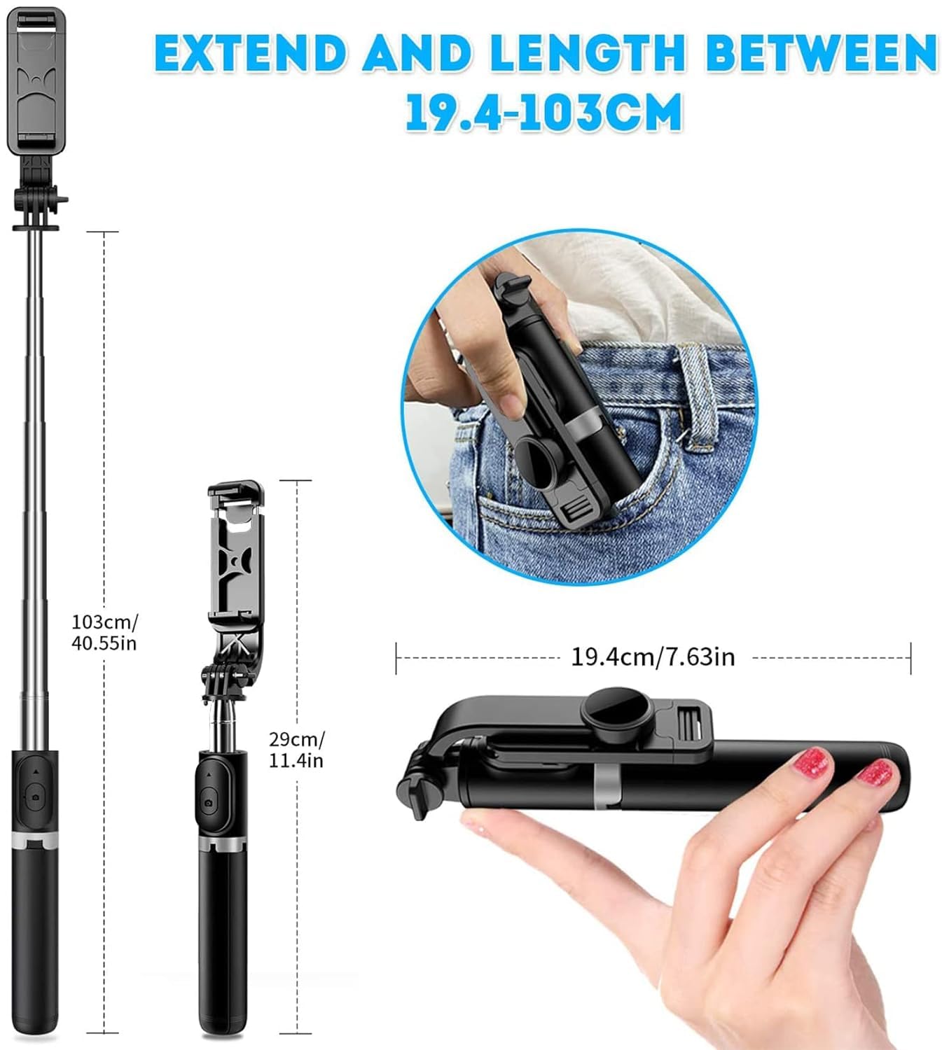 BOXTUDIO B1L Selfie Stick with Light Tripod Stand 104 cm/41 inch Bluetooth Extandable Selfie Stick Tripod for Youtube Vlog Live Streaming Holder Compatible for Gopro