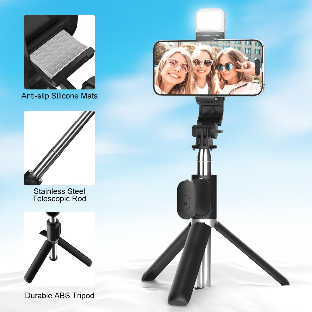 BOXTUDIO B1SL Selfie Stick with Light Tripod Stand 106 cm/41 inch Bluetooth Extandable Selfie Stick Tripod Rechargeable Dimmable Fill Light for Youtube Vlog Live Streaming Holder Compatible for Gopro