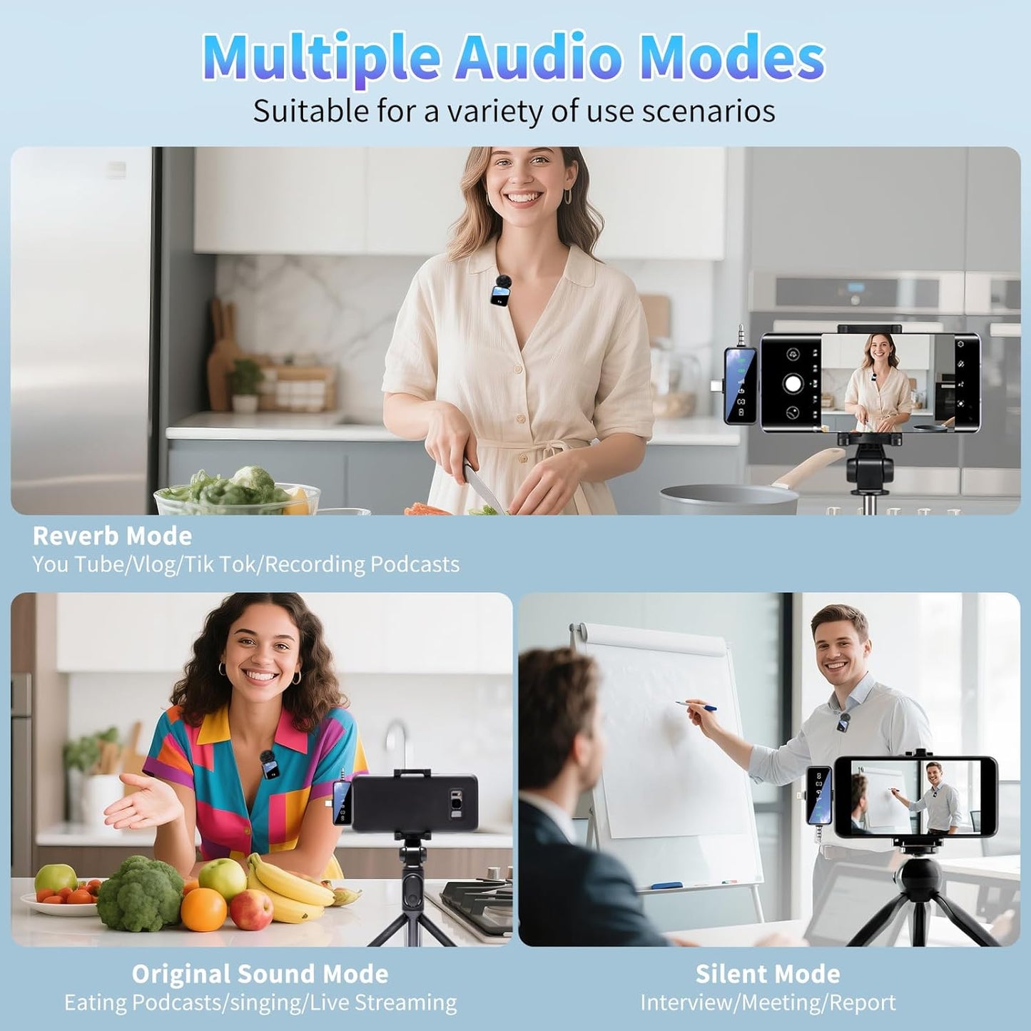 BOXTUDIO 3 in 1 Wireless Mic for iPhone/Android/Camera,Mini Bluetooth Microphone Noise Reduction Mic for Record Interview, Vlogging, YouTube