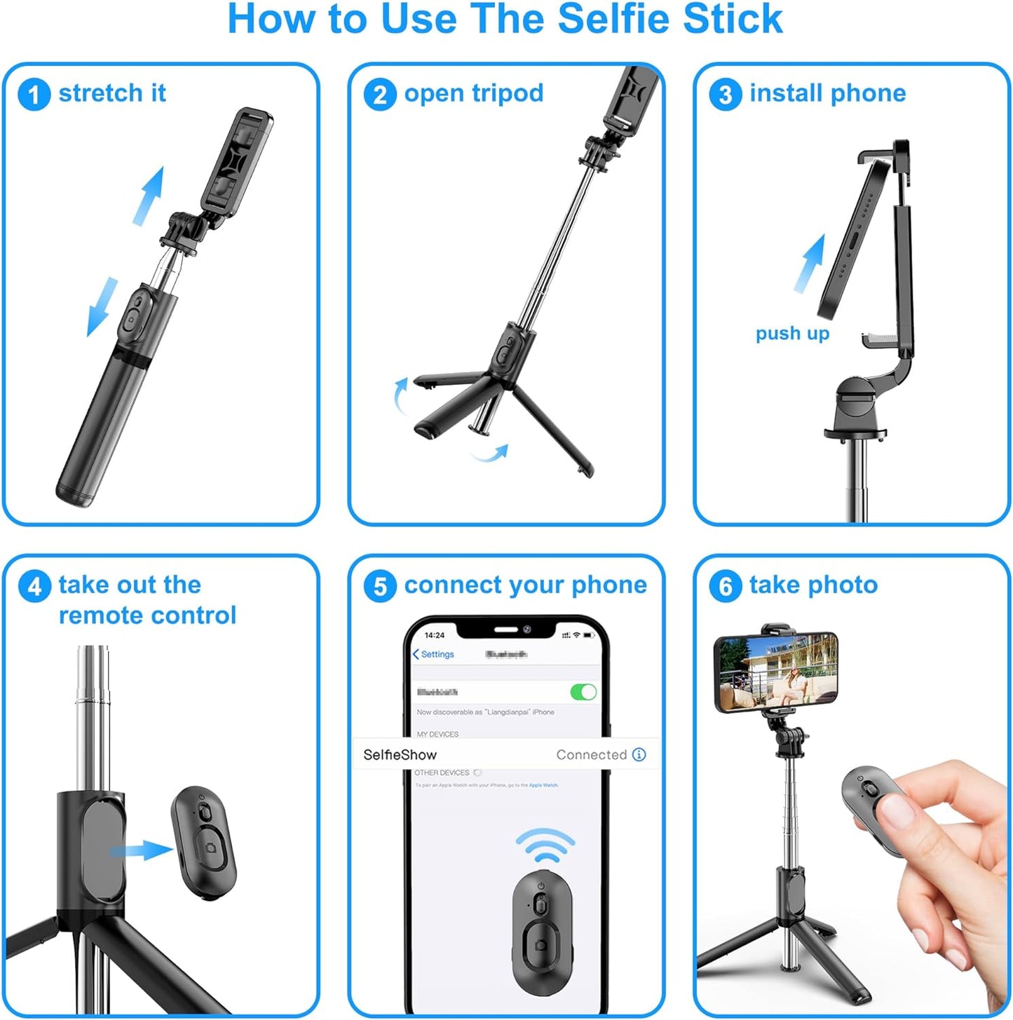 BOXTUDIO B1 Selfie Stick 67 cm/ 26 inch, Extendable Selfie Stick Tripod with Wireless Remote and Tripod Stand, Portable, Lightweight, Compatible with iPhone and Android Phones