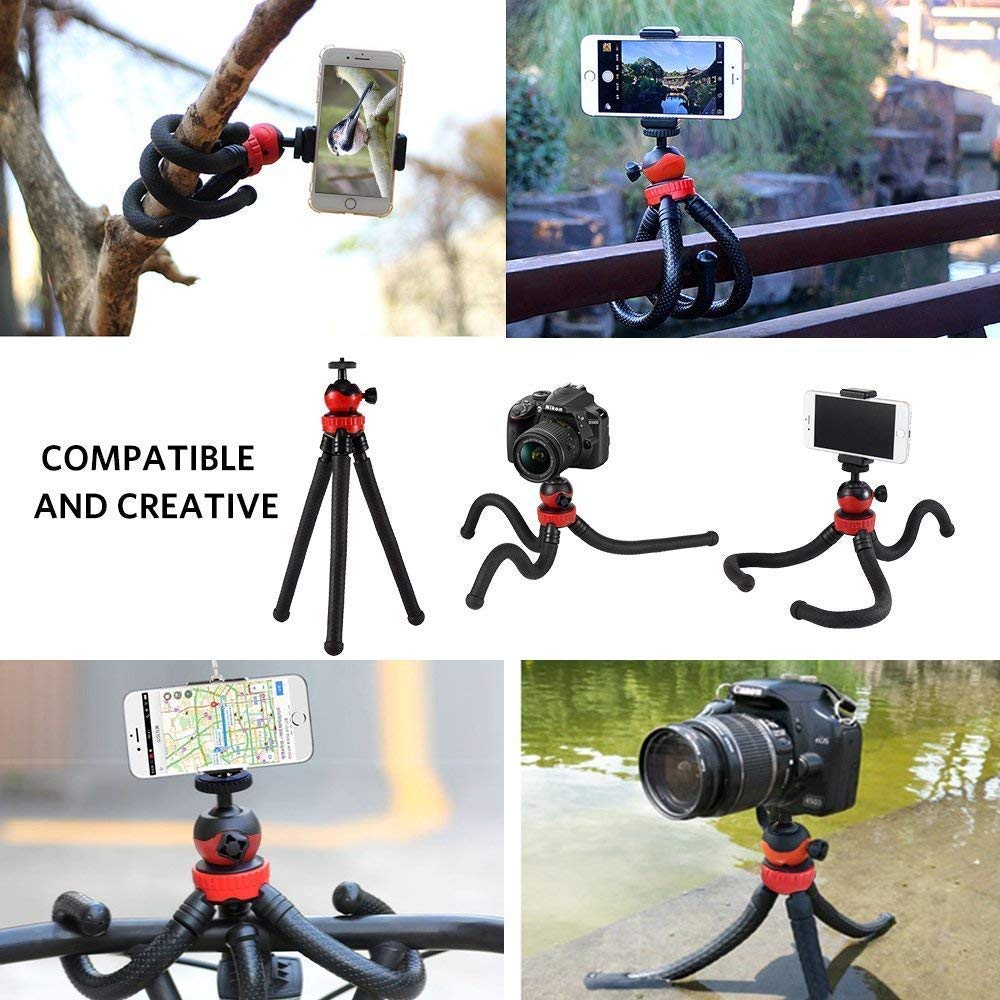 Flexible Gorillapod Tripod with 360° Rotating Ball Head Tripod for All DSLR Cameras(Max Load 1.5 kgs) & Mobile Phones + Free Heavy Duty Mobile Holder(Black) (12 Inch, Black and Red)