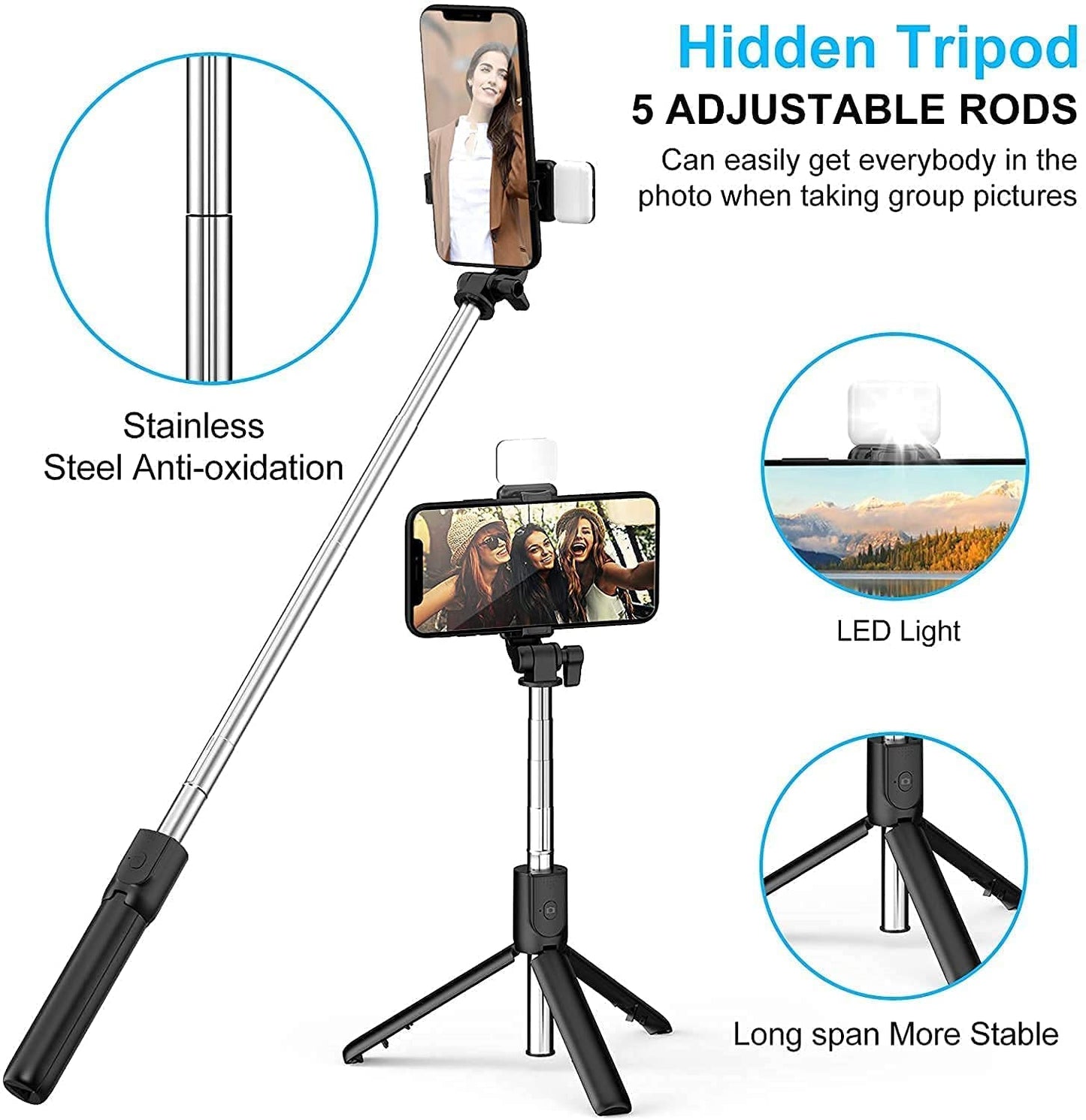 BOXTUDIO B1S Selfie Stick with Tripod Stand 70 cm/27 inch, 3 in 1 Multifunctional design, Rechargable LED Light with Two Brighness Levels for Make up, Selfie, Vlogging & Photo Shoot, Selfie stick with Bluetooth Remote