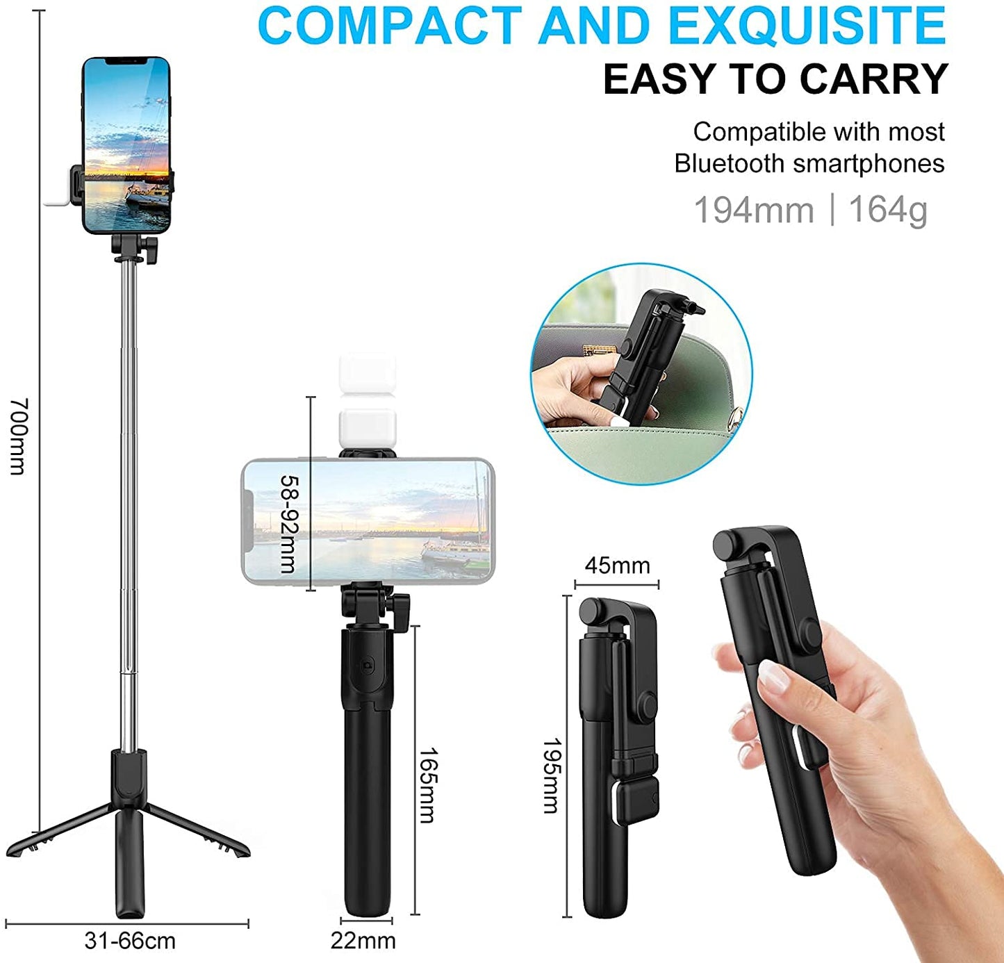 BOXTUDIO B1S Selfie Stick with Tripod Stand 70 cm/27 inch, 3 in 1 Multifunctional design, Rechargable LED Light with Two Brighness Levels for Make up, Selfie, Vlogging & Photo Shoot, Selfie stick with Bluetooth Remote