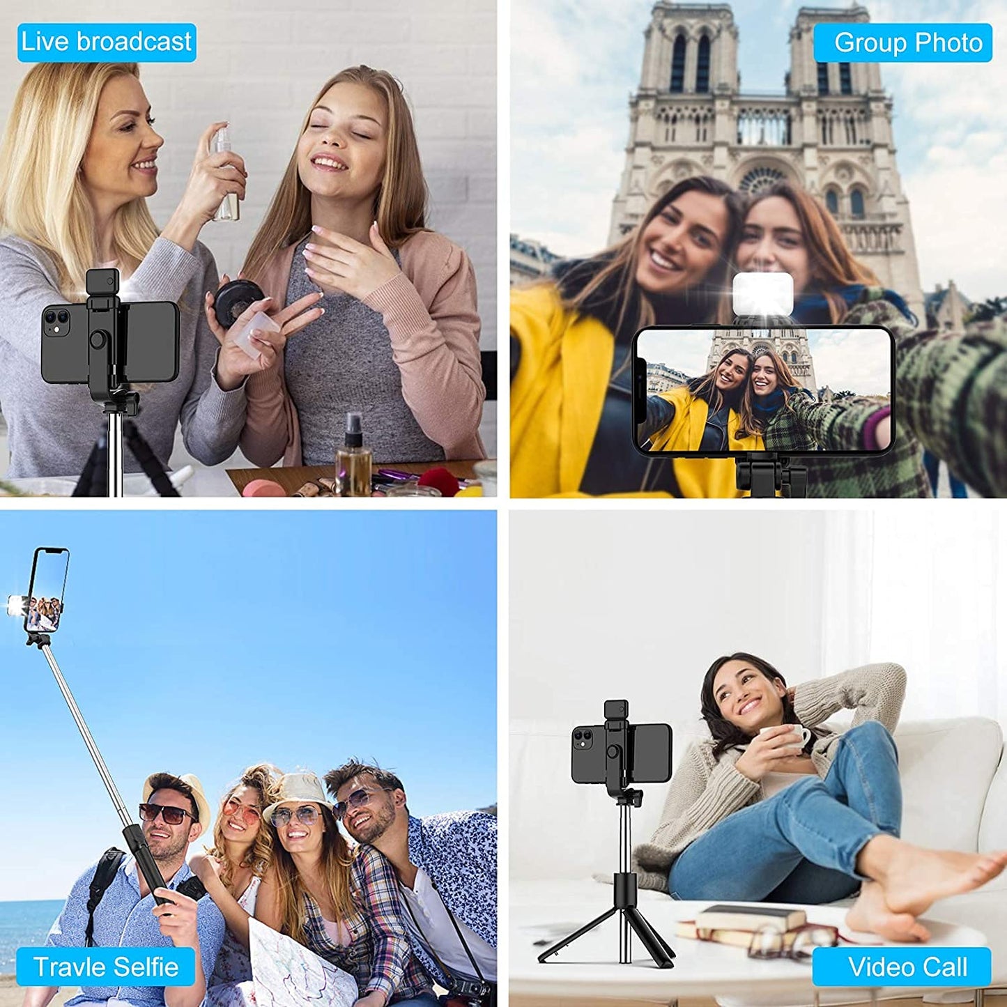 BOXTUDIO B1S Selfie Stick with Tripod Stand 70 cm/27 inch, 3 in 1 Multifunctional design, Rechargable LED Light with Two Brighness Levels for Make up, Selfie, Vlogging & Photo Shoot, Selfie stick with Bluetooth Remote