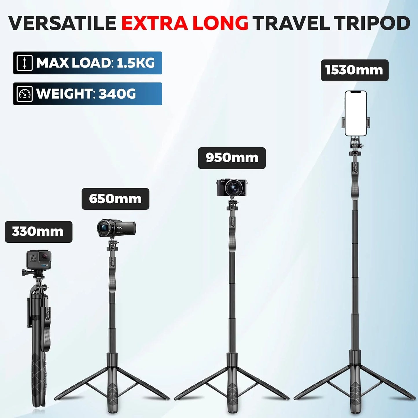 BOXTUDIO B16 Long Selfie Stick with Tripod Stand 360 Degree Rotating Balance Grip for Anti Shake Recording, 6 Section Telescopic Pole Extendable Upto 62 Inch/ 157 cm for Professional Photos & Video Recordings.