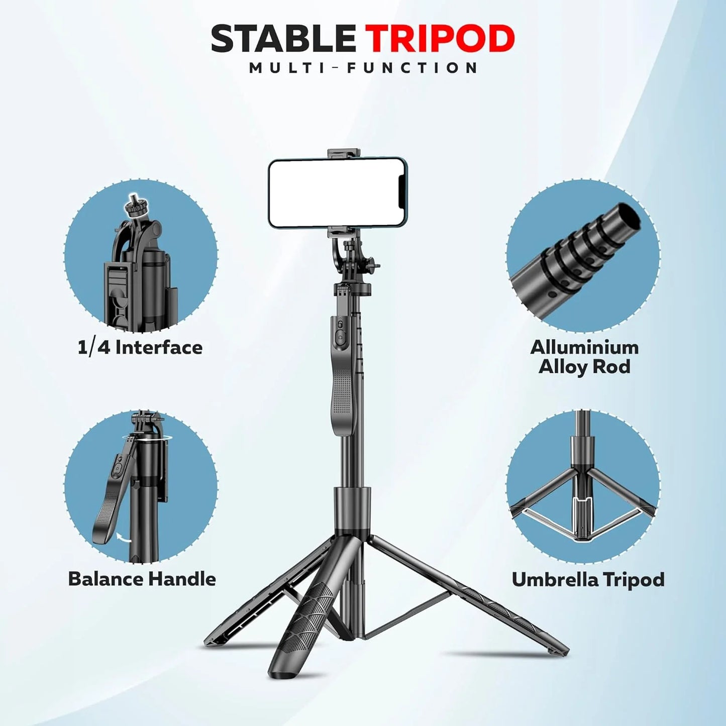 BOXTUDIO B16 Long Selfie Stick with Tripod Stand 360 Degree Rotating Balance Grip for Anti Shake Recording, 6 Section Telescopic Pole Extendable Upto 62 Inch/ 157 cm for Professional Photos & Video Recordings.