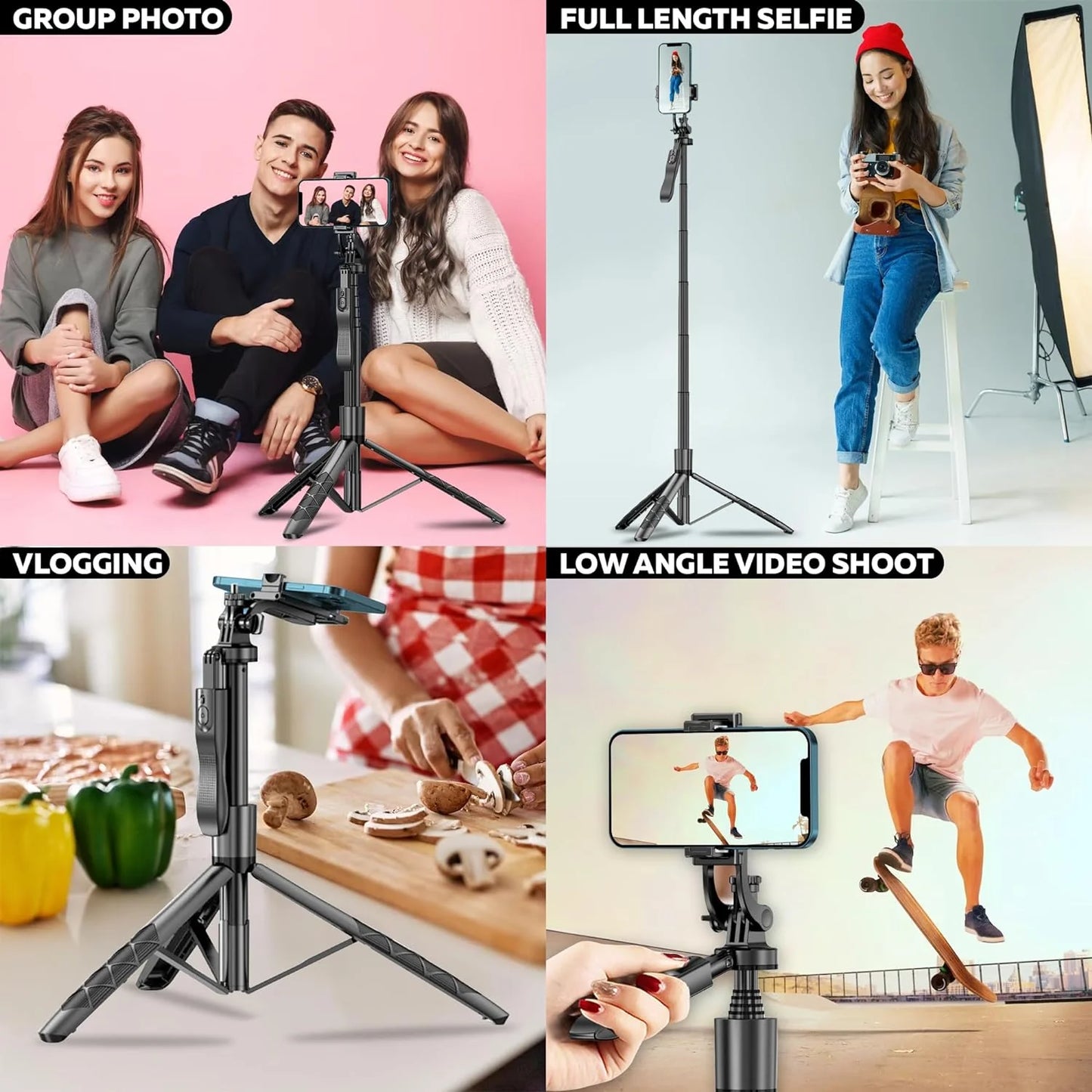 BOXTUDIO B16 Long Selfie Stick with Tripod Stand 360 Degree Rotating Balance Grip for Anti Shake Recording, 6 Section Telescopic Pole Extendable Upto 62 Inch/ 157 cm for Professional Photos & Video Recordings.