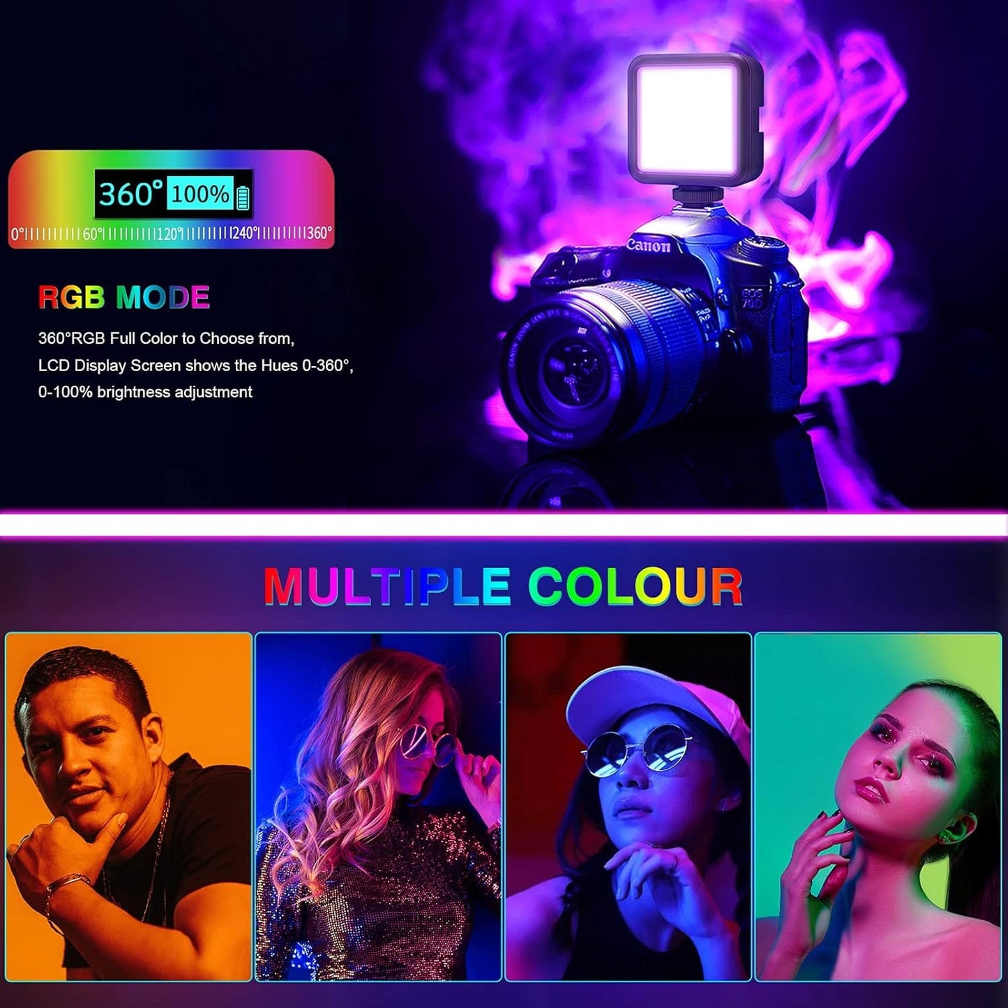 BOXTUDIO RGB Video Light, LED Camera Light 360° Full Color Portable Photography Lighting with 3 Cold Shoe, 1200mAh Rechargeable, Multiple Light Effects, CRI 95+, 3000-9000K Dimmable Panel Lamp