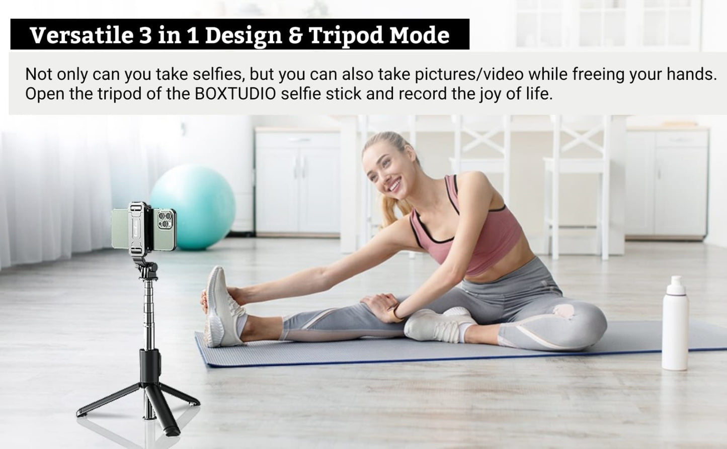 BOXTUDIO B1 Selfie Stick 67 cm/ 26 inch, Extendable Selfie Stick Tripod with Wireless Remote and Tripod Stand, Portable, Lightweight, Compatible with iPhone and Android Phones