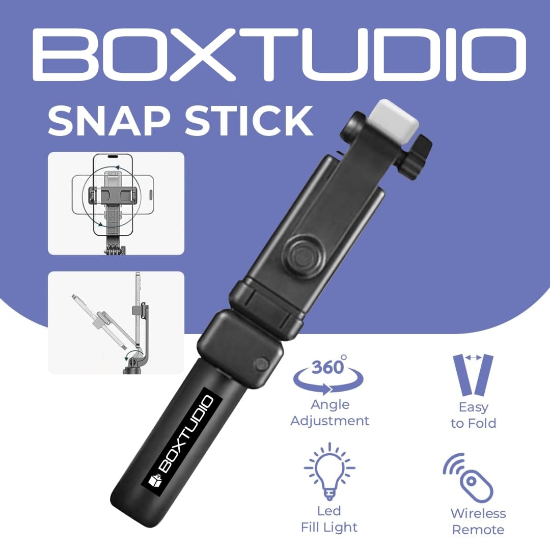 BOXTUDIO B1S Selfie Stick with Tripod Stand 70 cm/27 inch, 3 in 1 Multifunctional design, Rechargable LED Light with Two Brighness Levels for Make up, Selfie, Vlogging & Photo Shoot, Selfie stick with Bluetooth Remote