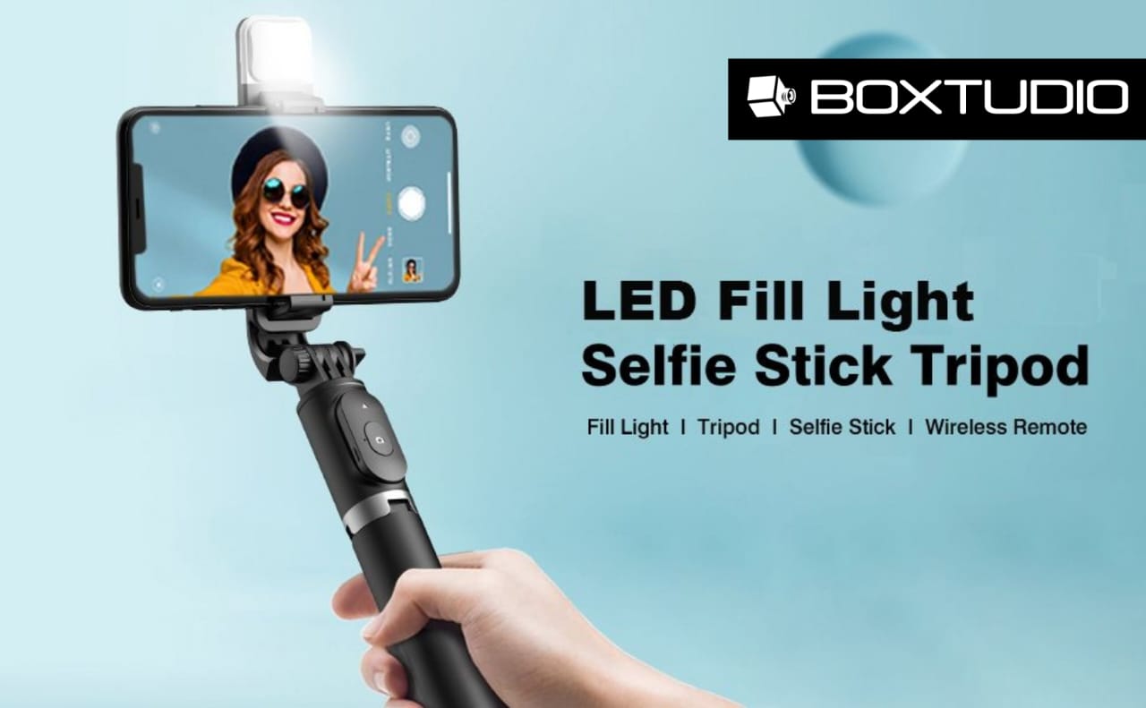 BOXTUDIO B1SL Selfie Stick with Light Tripod Stand 106 cm/41 inch Bluetooth Extandable Selfie Stick Tripod Rechargeable Dimmable Fill Light for Youtube Vlog Live Streaming Holder Compatible for Gopro