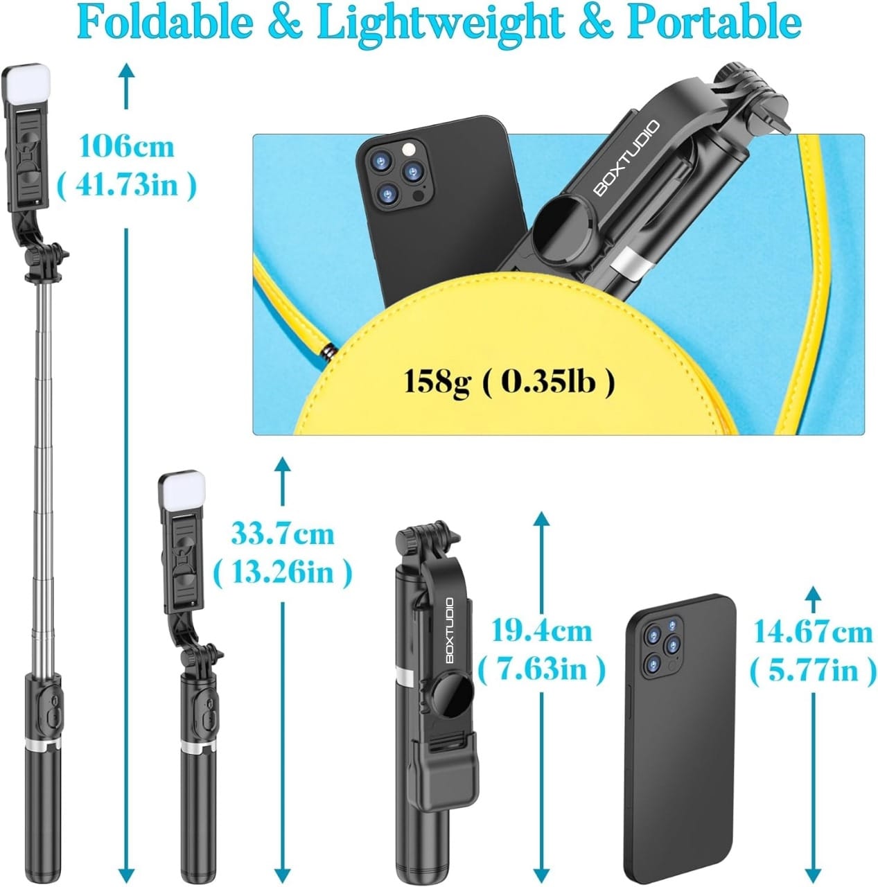 BOXTUDIO B1SL Selfie Stick with Light Tripod Stand 106 cm/41 inch Bluetooth Extandable Selfie Stick Tripod Rechargeable Dimmable Fill Light for Youtube Vlog Live Streaming Holder Compatible for Gopro