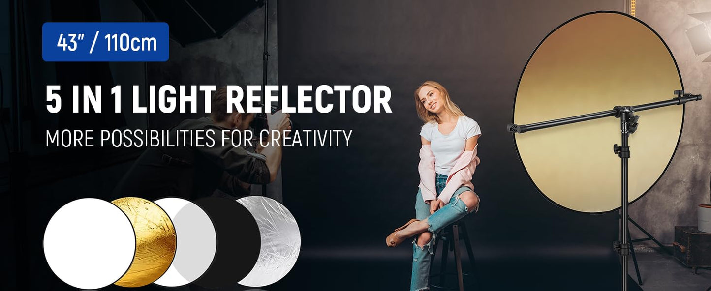 COLLAPSIBLE 5-IN-1 PHOTO LIGHT REFLECTOR 43 INCH (110 CM) PREMIUM QUALITY